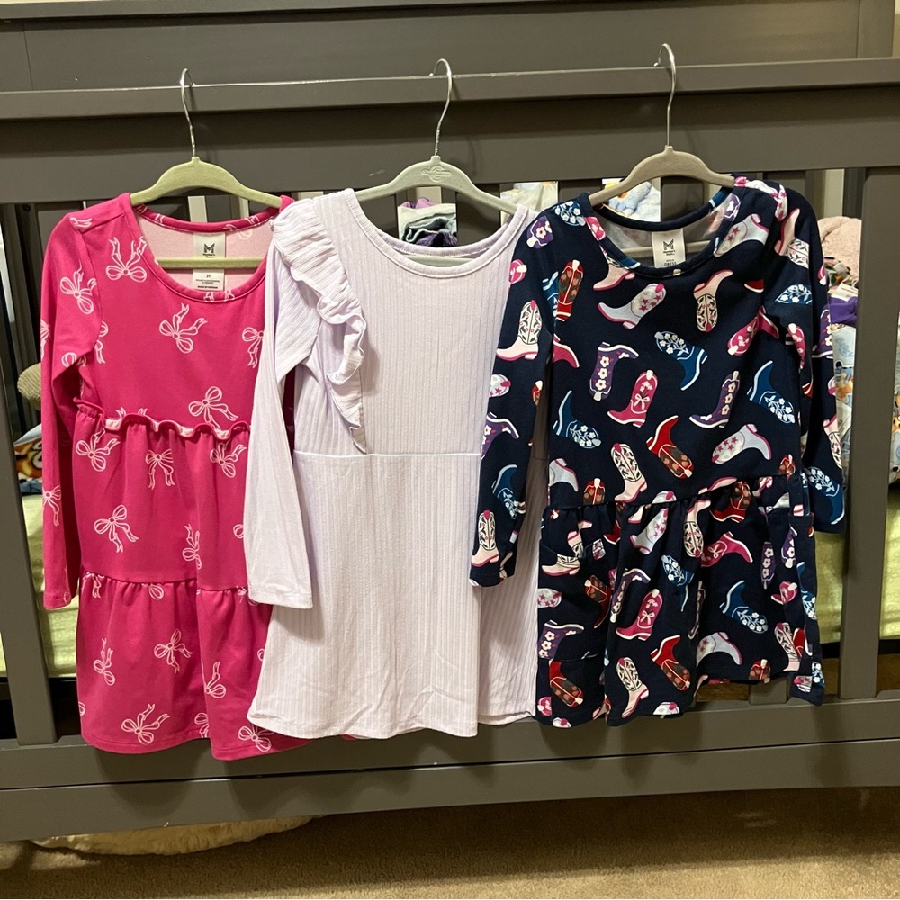 Member’s Mark Girl Knit Dresses (3) Long Sleeve Boots & Bows Pink Purple Blue 3T